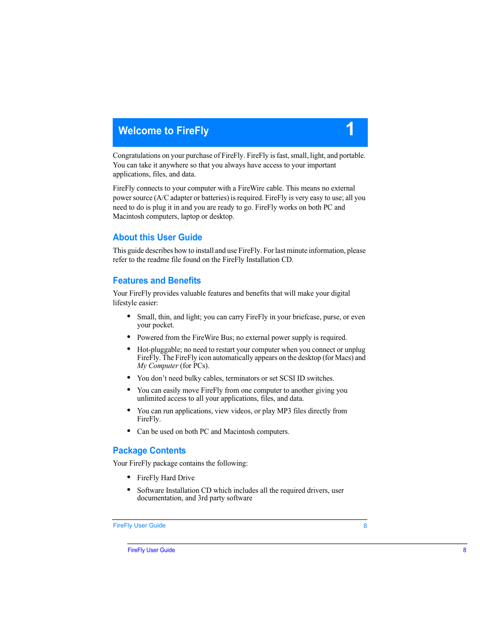 Welcome to firefly, About this user guide, Features and benefits | Package contents | SmartDisk Rover none User Manual | Page 8 / 25