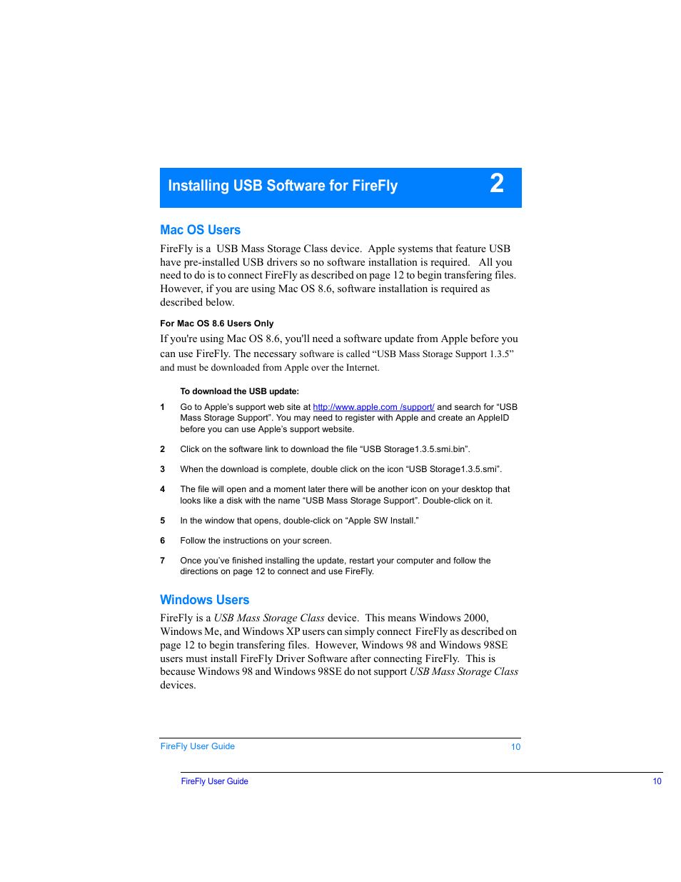 Installing usb software for firefly, Mac os users, Windows users | Mac os users windows users | SmartDisk FireFly USBFF05P User Manual | Page 10 / 23