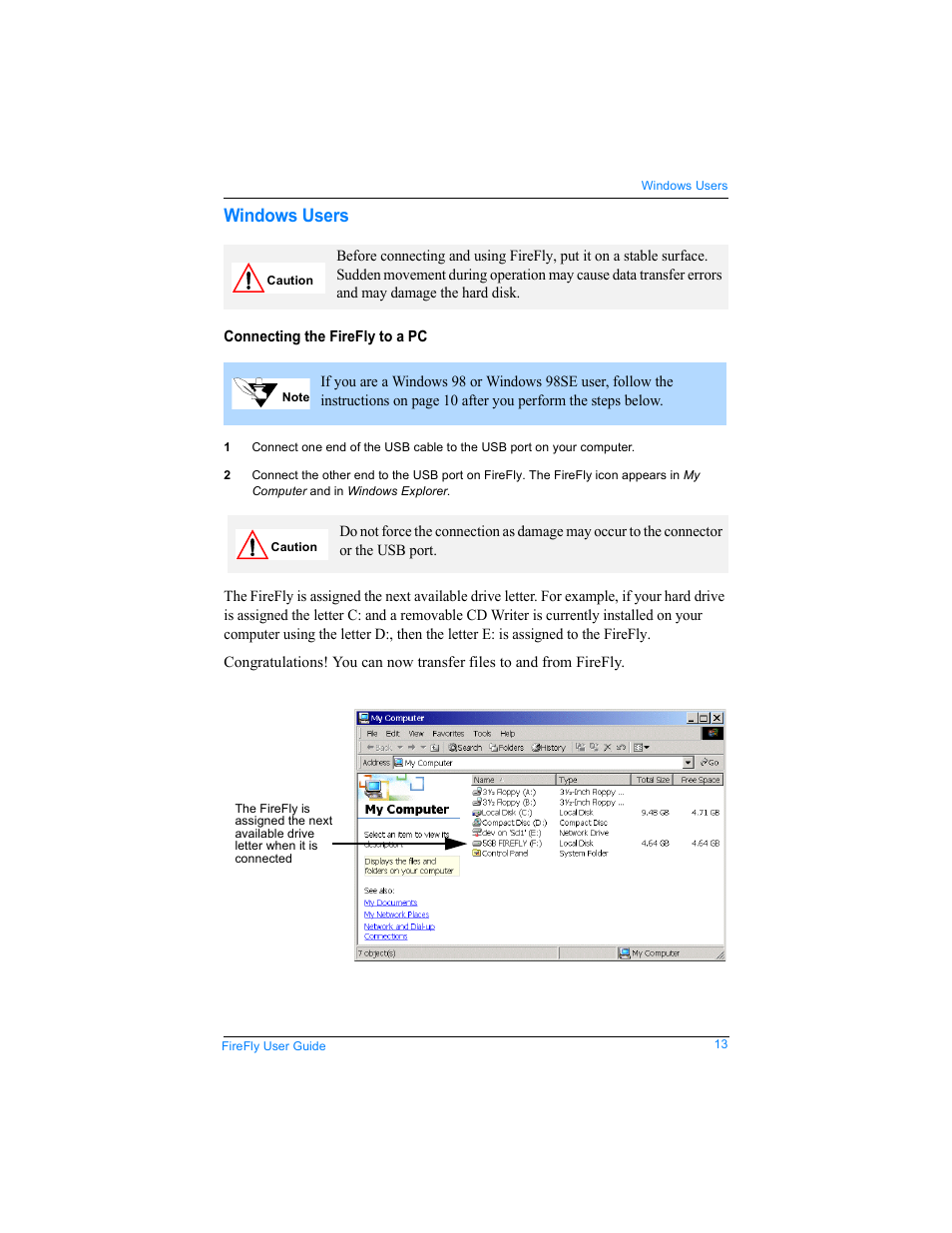 Windows users, Connecting the firefly to a pc | SmartDisk FireFly USBFF05P User Manual | Page 13 / 23