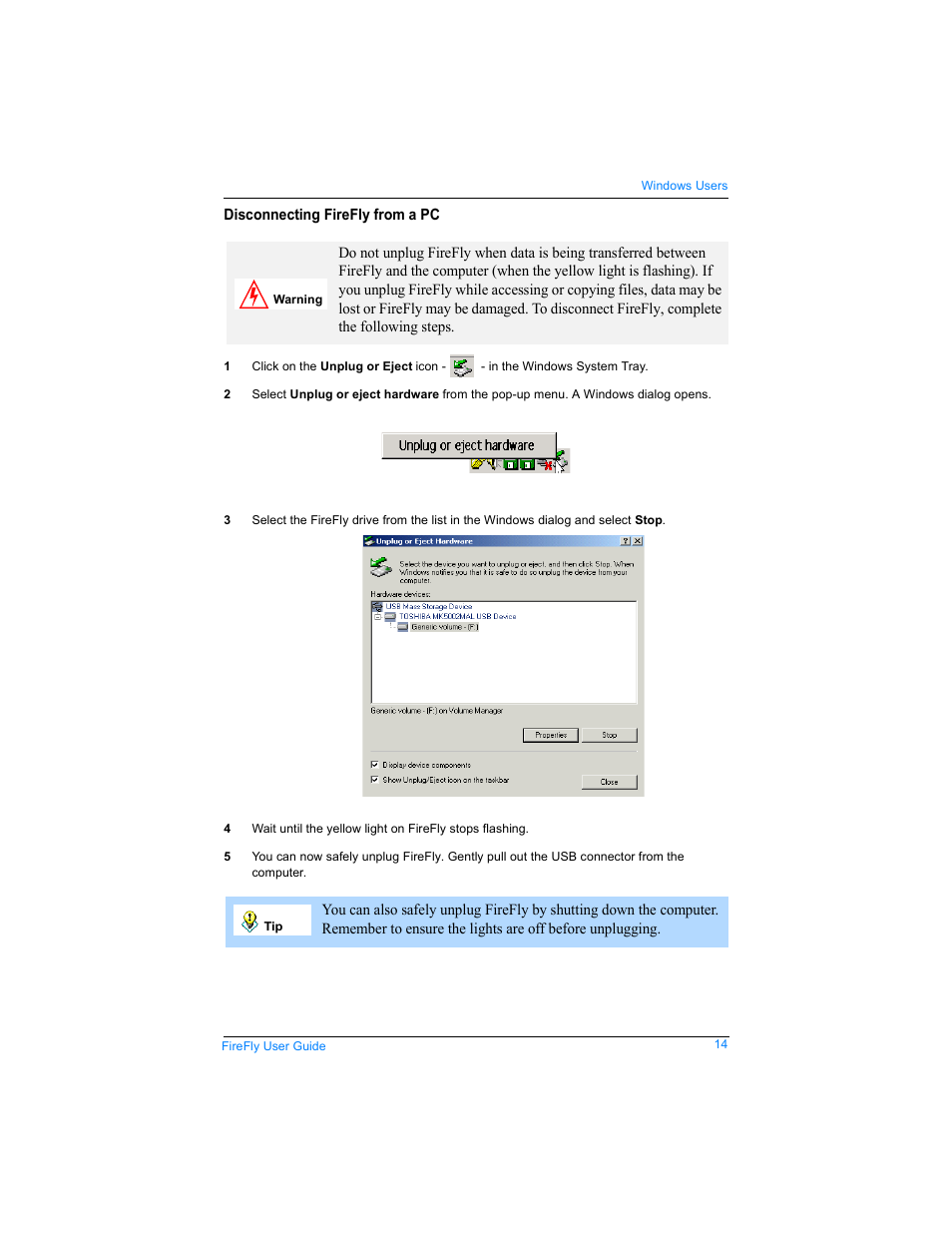 Disconnecting firefly from a pc | SmartDisk FireFly USBFF05P User Manual | Page 14 / 23