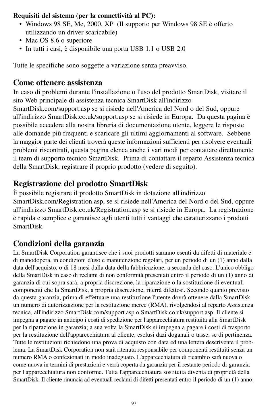 Come ottenere assistenza, Registrazione del prodotto smartdisk, Condizioni della garanzia | SmartDisk MP3 User Manual | Page 100 / 156