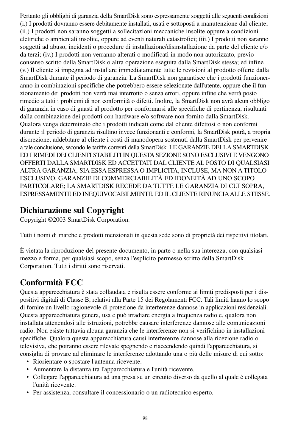 Dichiarazione sul copyright, Conformità fcc | SmartDisk MP3 User Manual | Page 101 / 156