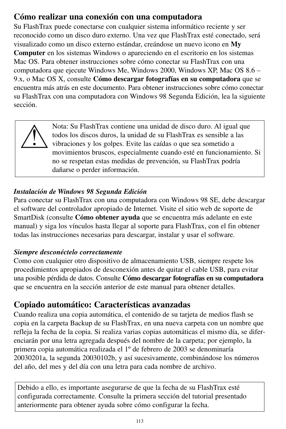 Cómo realizar una conexión con una computadora, Copiado automático: características avanzadas | SmartDisk MP3 User Manual | Page 116 / 156