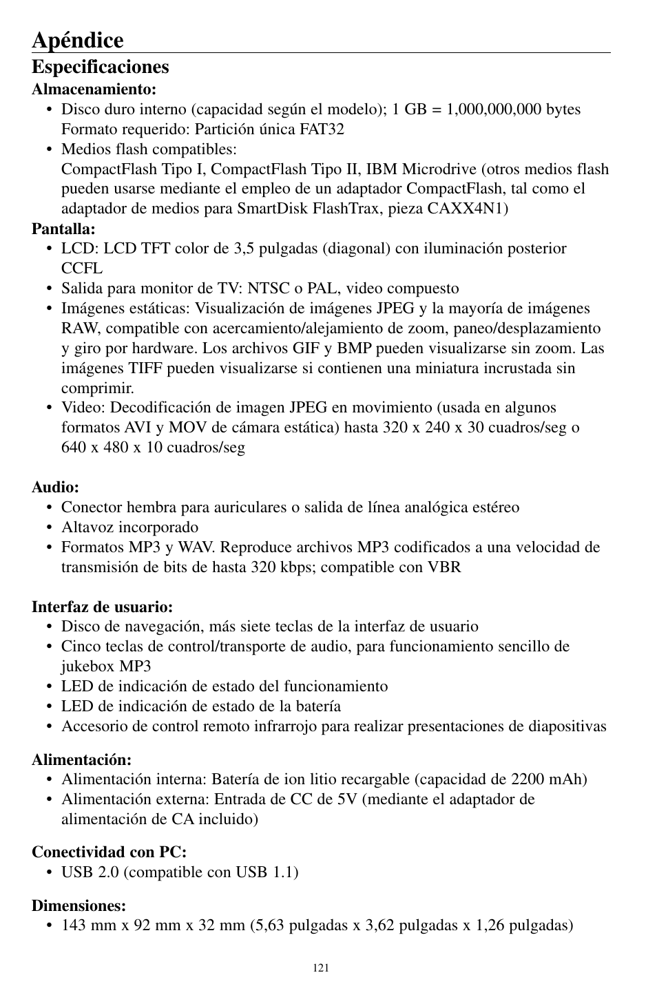 Apéndice, Especificaciones | SmartDisk MP3 User Manual | Page 124 / 156