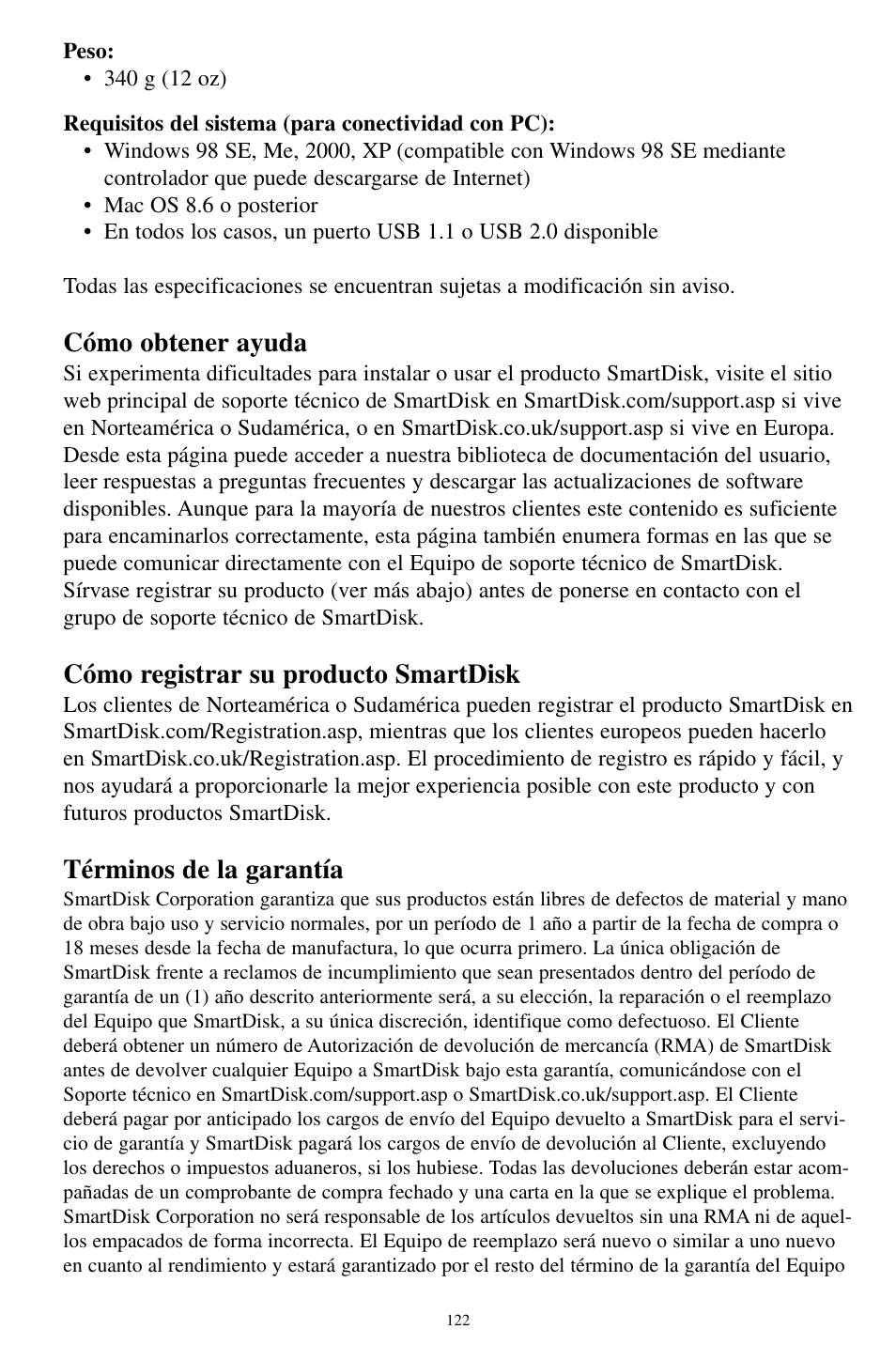 Cómo obtener ayuda, Cómo registrar su producto smartdisk, Términos de la garantía | SmartDisk MP3 User Manual | Page 125 / 156