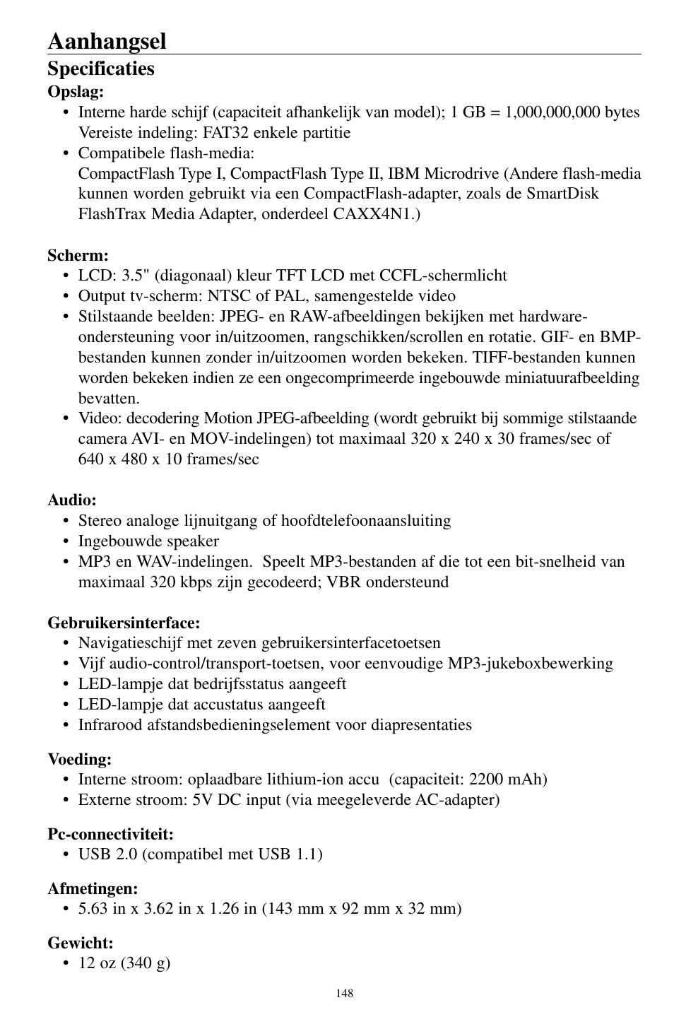 Aanhangsel, Specificaties | SmartDisk MP3 User Manual | Page 151 / 156