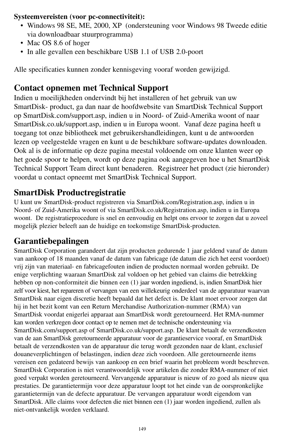 Contact opnemen met technical support, Smartdisk productregistratie, Garantiebepalingen | SmartDisk MP3 User Manual | Page 152 / 156