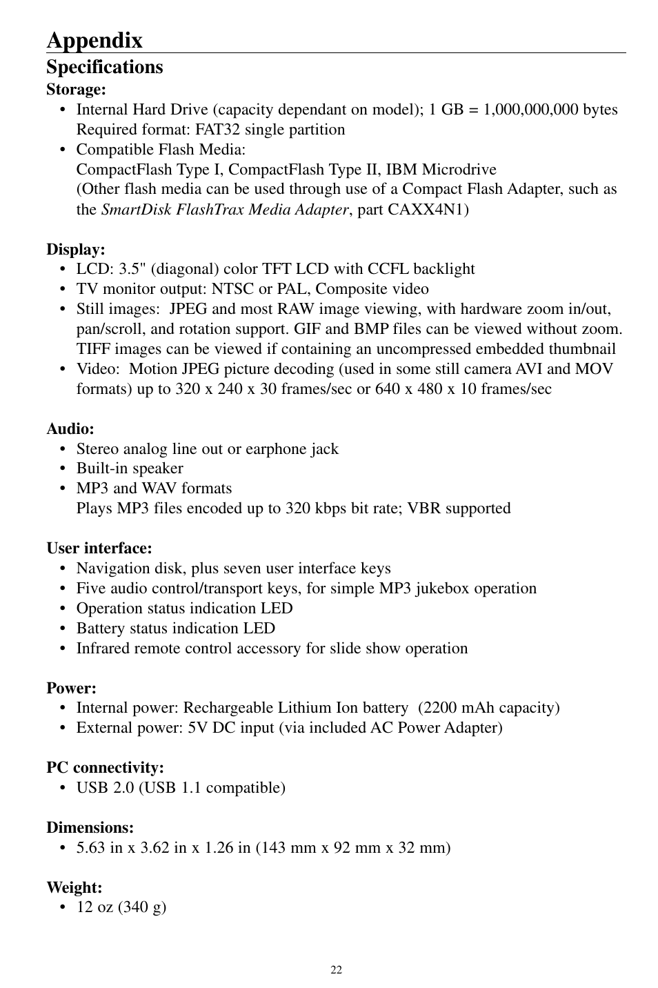 Appendix, Specifications | SmartDisk MP3 User Manual | Page 25 / 156
