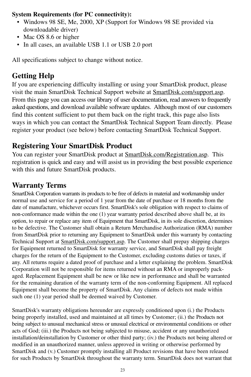 Getting help, Registering your smartdisk product, Warranty terms | SmartDisk MP3 User Manual | Page 26 / 156