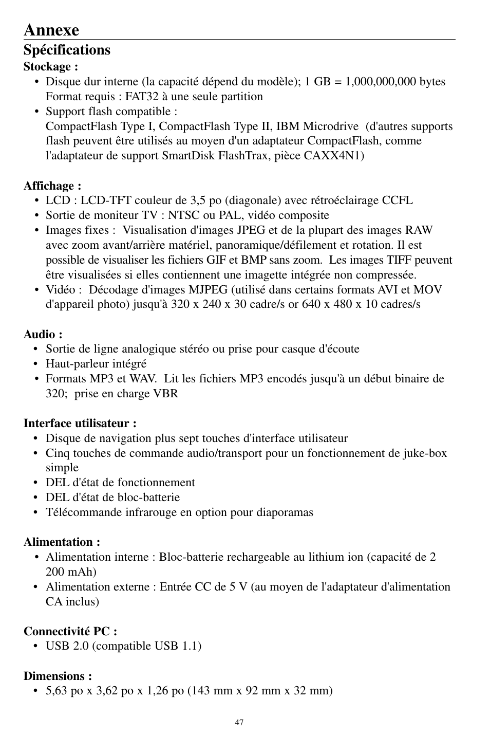 Annexe, Spécifications | SmartDisk MP3 User Manual | Page 50 / 156