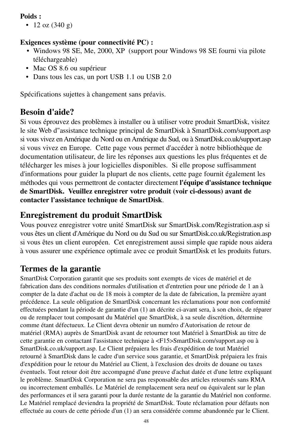 Besoin d'aide, Enregistrement du produit smartdisk, Termes de la garantie | SmartDisk MP3 User Manual | Page 51 / 156