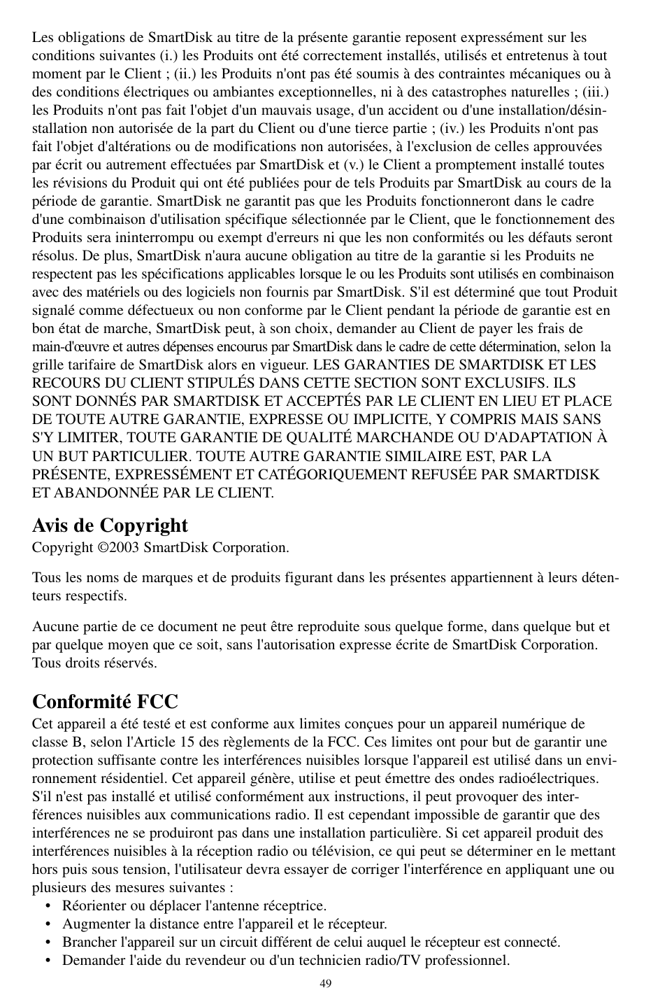 Avis de copyright, Conformité fcc | SmartDisk MP3 User Manual | Page 52 / 156