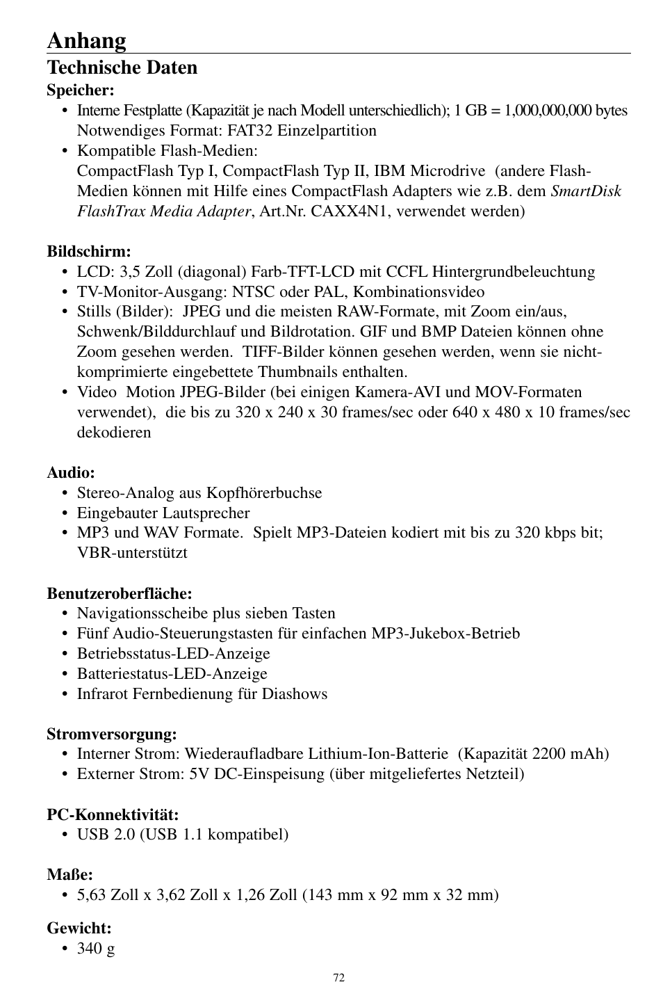 Anhang, Technische daten | SmartDisk MP3 User Manual | Page 75 / 156