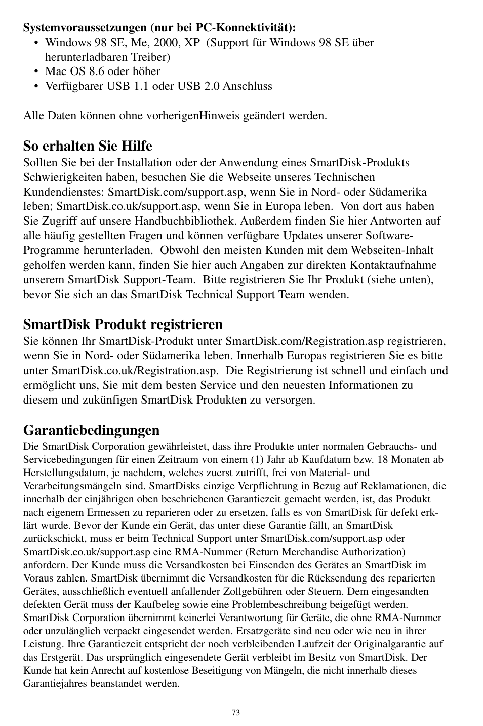 So erhalten sie hilfe, Smartdisk produkt registrieren, Garantiebedingungen | SmartDisk MP3 User Manual | Page 76 / 156