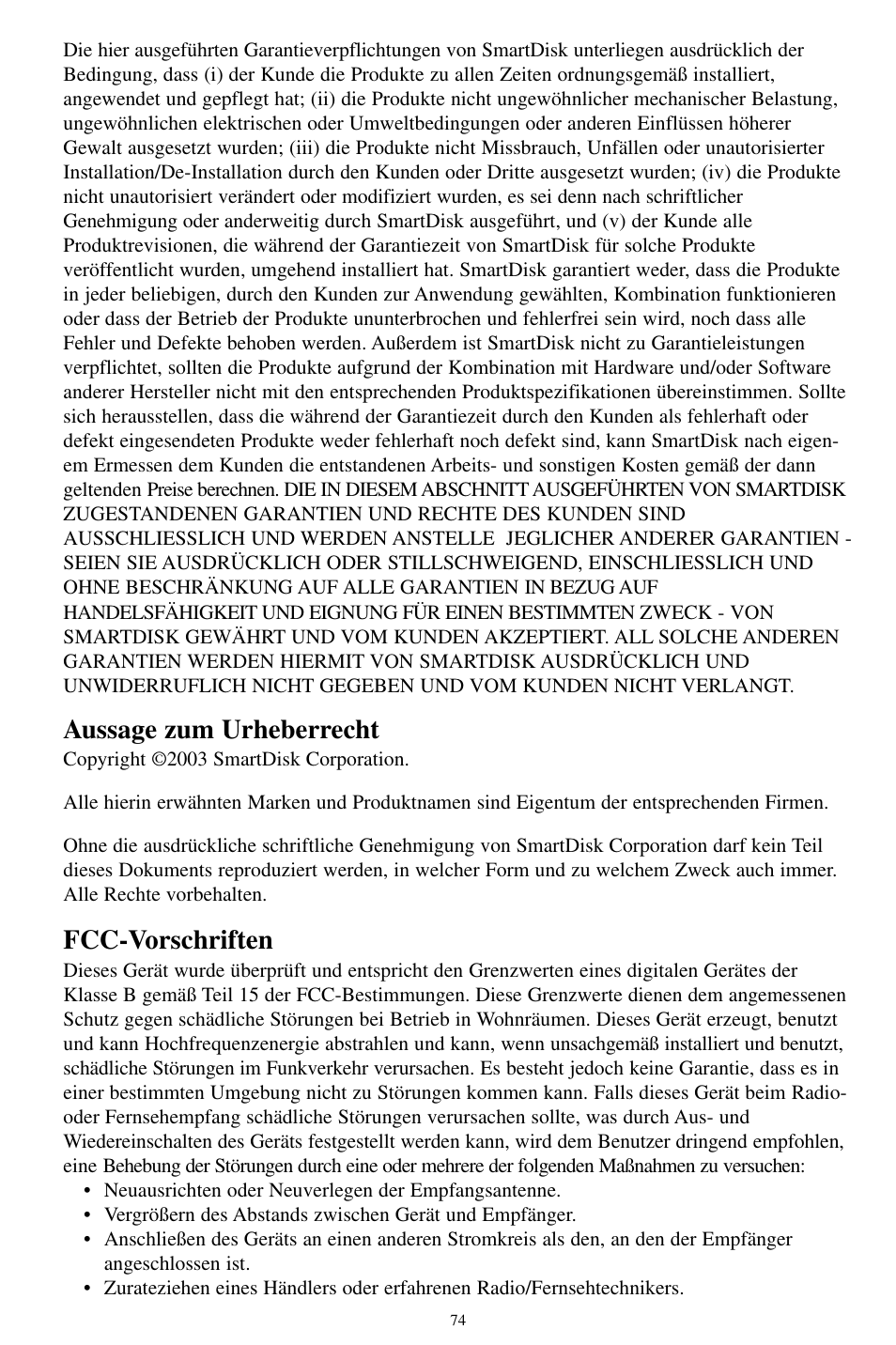 Aussage zum urheberrecht, Fcc-vorschriften | SmartDisk MP3 User Manual | Page 77 / 156