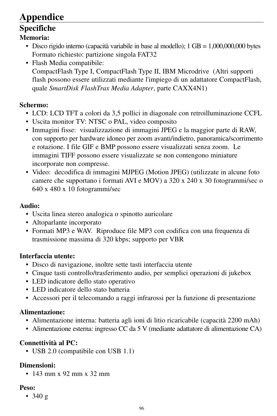 Appendice, Specifiche | SmartDisk MP3 User Manual | Page 99 / 156