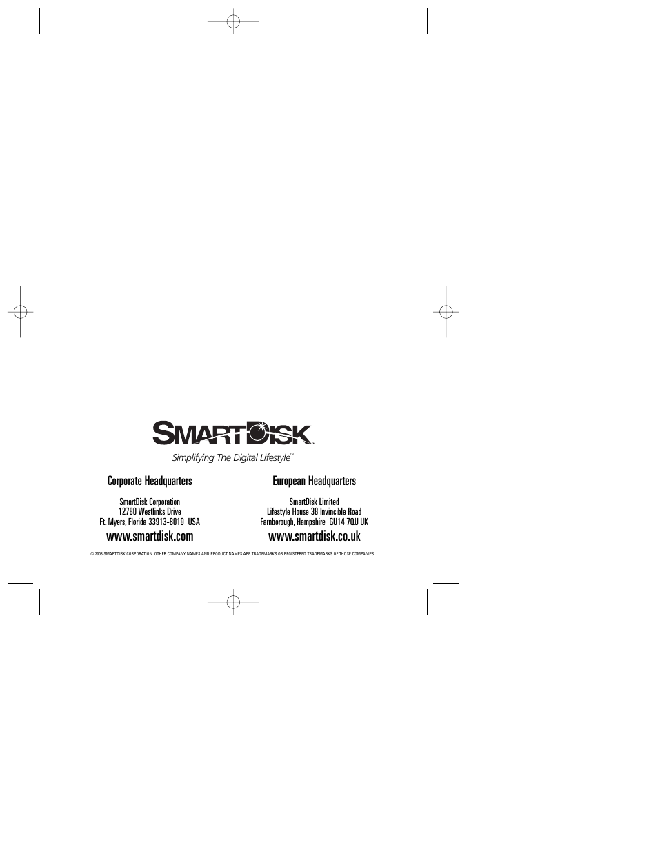 Corporate headquarters, European headquarters | SmartDisk FireWire Portable CD-R/W 24x10x24x User Manual | Page 48 / 48