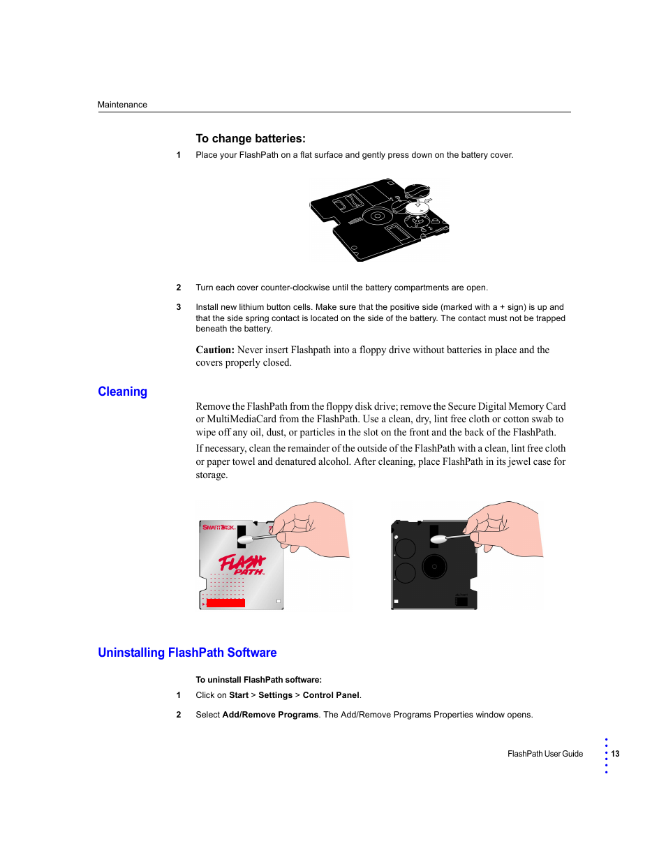 Cleaning, Uninstalling flashpath software, Cleaning uninstalling flashpath software | SmartDisk FlashPath Secure Digital Memory Card User Manual | Page 13 / 17