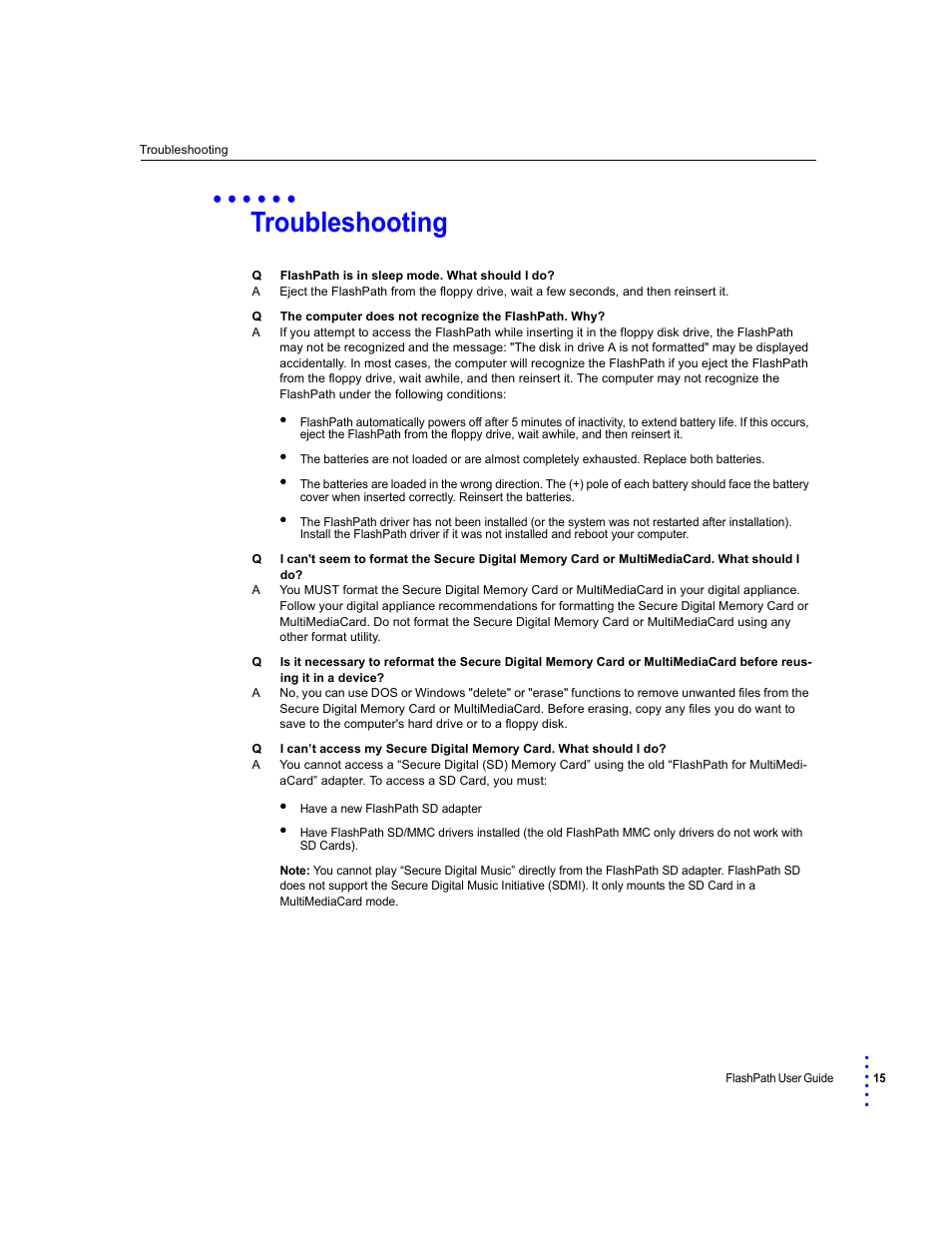 Troubleshooting | SmartDisk FlashPath Secure Digital Memory Card User Manual | Page 15 / 17