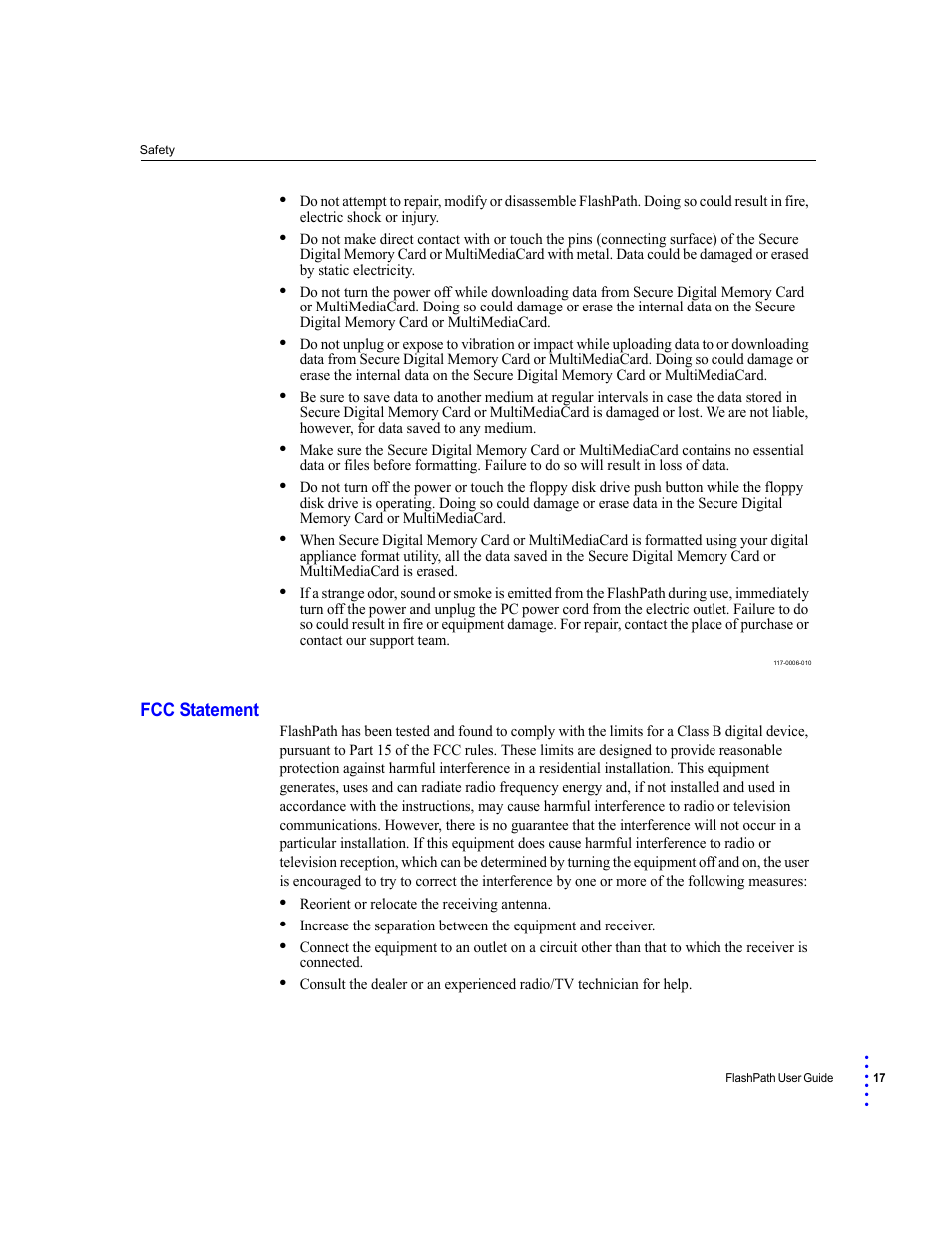 Fcc statement | SmartDisk FlashPath Secure Digital Memory Card User Manual | Page 17 / 17