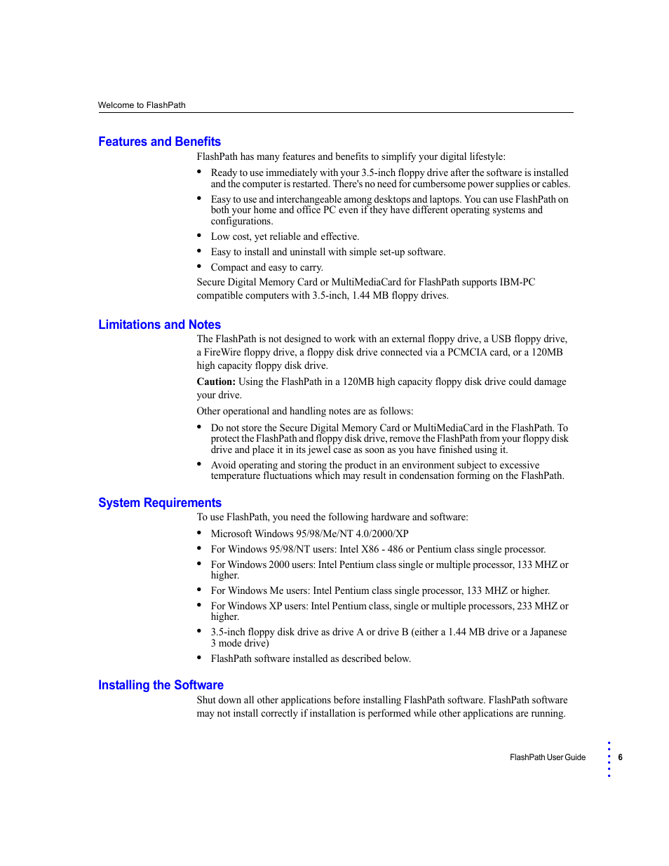 Features and benefits, Limitations and notes, System requirements | Installing the software | SmartDisk FlashPath Secure Digital Memory Card User Manual | Page 6 / 17