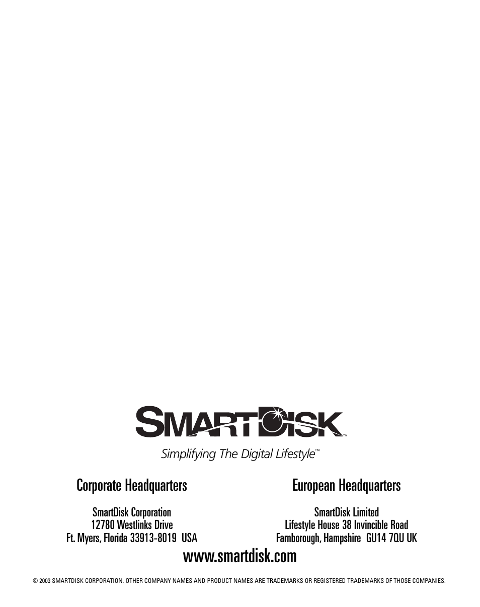 Corporate headquarters, European headquarters | SmartDisk Rover User Manual | Page 87 / 87