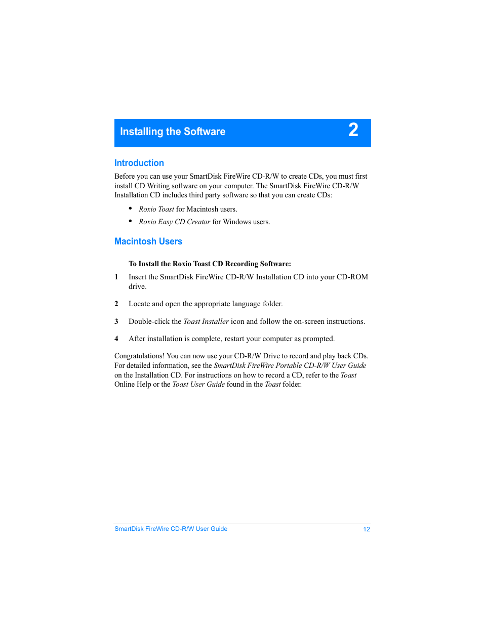 Installing the software | SmartDisk Firewire CD-R/W User Manual | Page 12 / 29