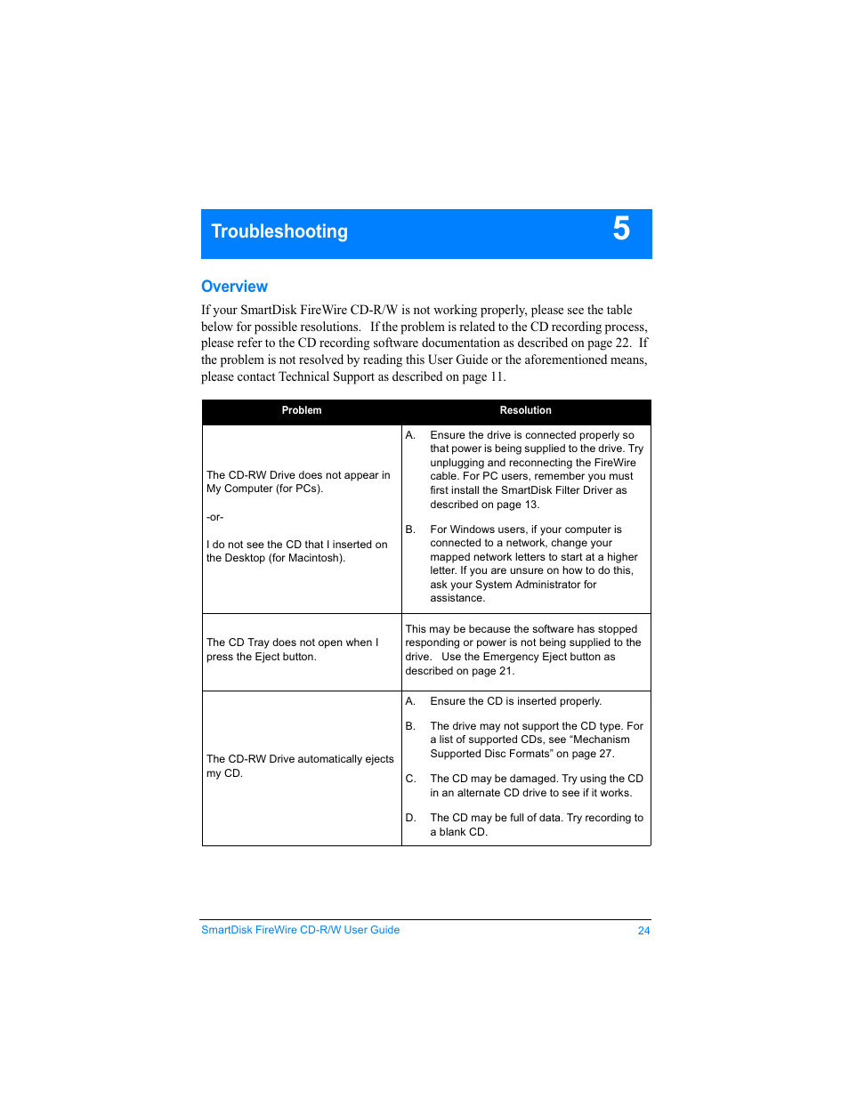 Troubleshooting, Overview | SmartDisk Firewire CD-R/W User Manual | Page 24 / 29