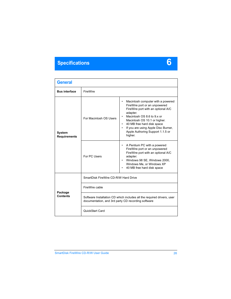 Specifications, General | SmartDisk Firewire CD-R/W User Manual | Page 26 / 29