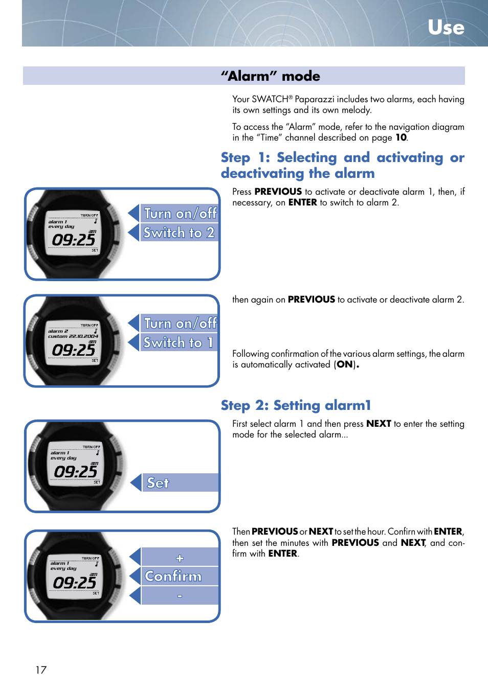 Alarm” mode, Step 2: setting alarm1 | Swatch Paparazzi NONE User Manual | Page 17 / 27