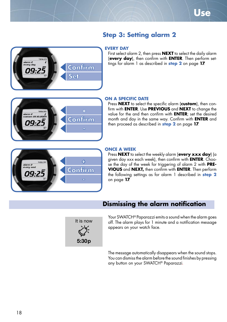 Step 3: setting alarm 2, Dismissing the alarm notification | Swatch Paparazzi NONE User Manual | Page 18 / 27