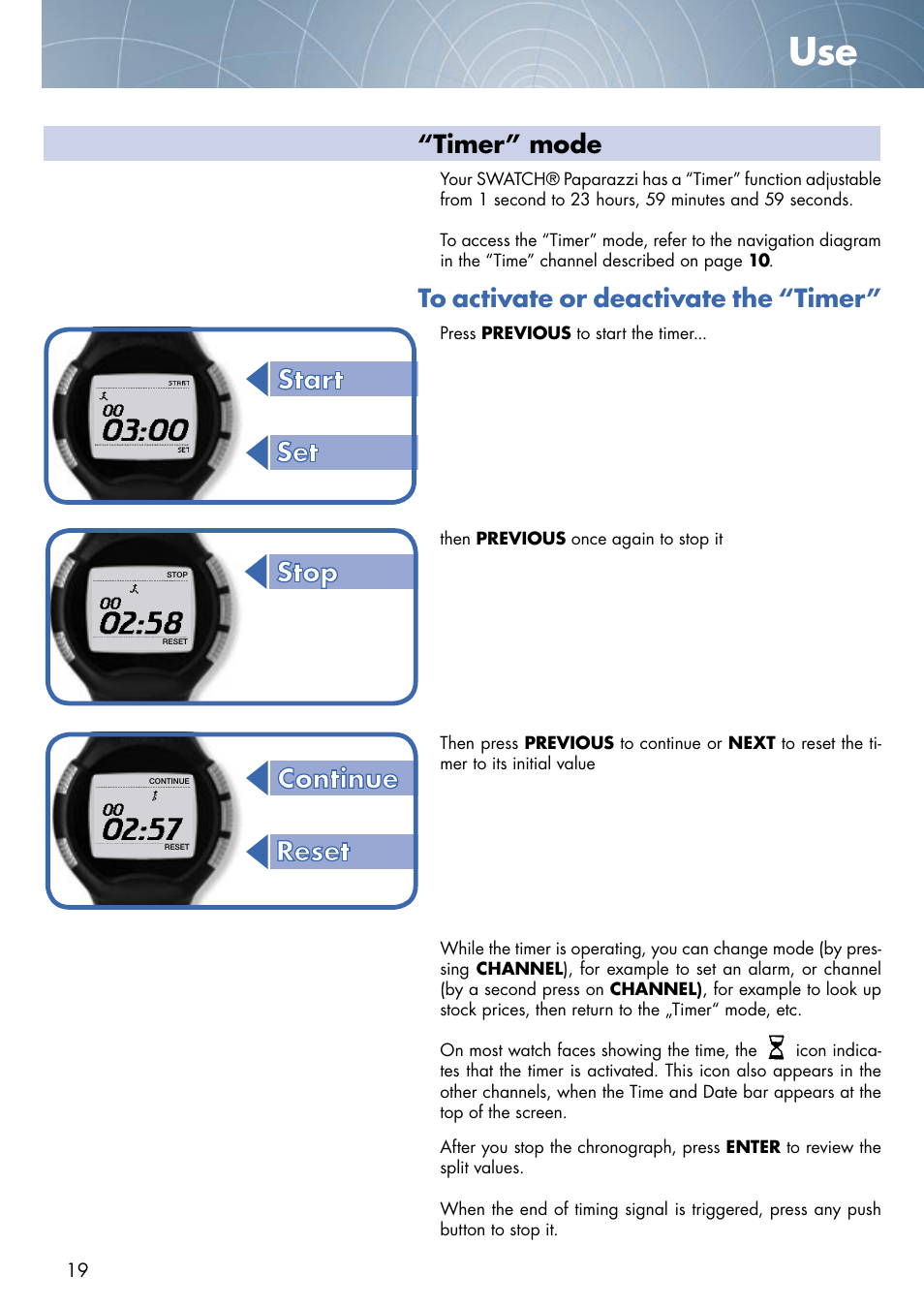 Timer” mode | Swatch Paparazzi NONE User Manual | Page 19 / 27