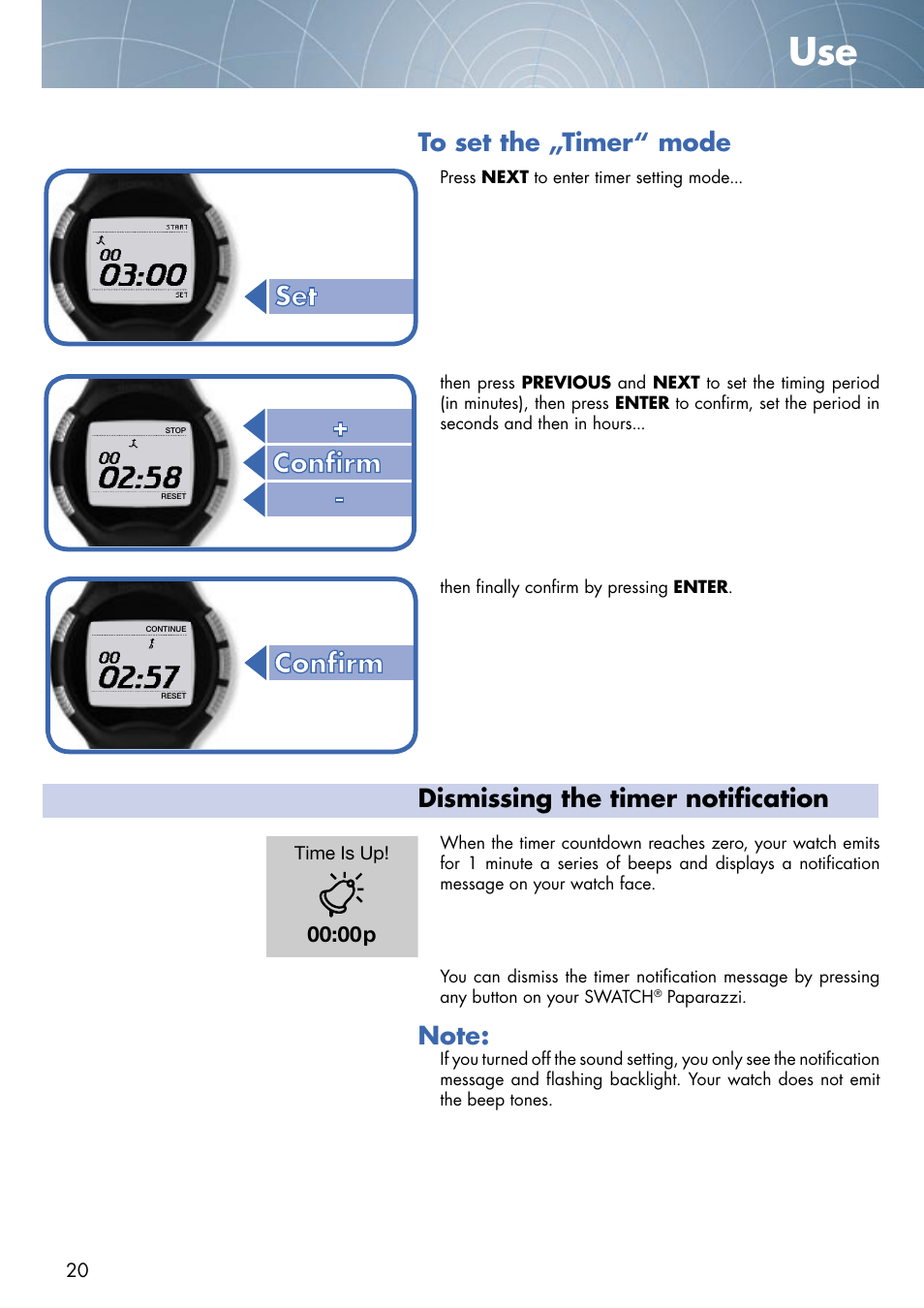 Dismissing the timer notification | Swatch Paparazzi NONE User Manual | Page 20 / 27