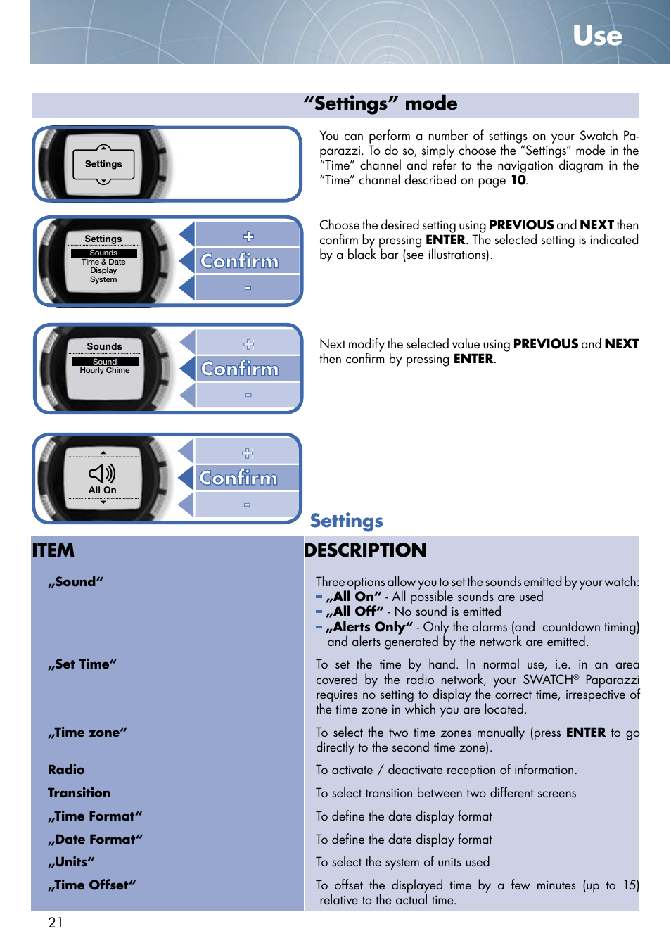 Settings” mode, Settings, Item description | Swatch Paparazzi NONE User Manual | Page 21 / 27