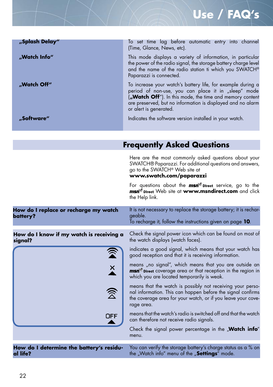 Use / faq‘s, Frequently asked questions | Swatch Paparazzi NONE User Manual | Page 22 / 27