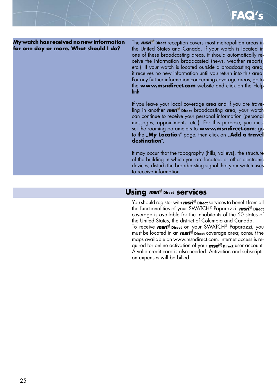 Faq‘s, Using services | Swatch Paparazzi NONE User Manual | Page 25 / 27