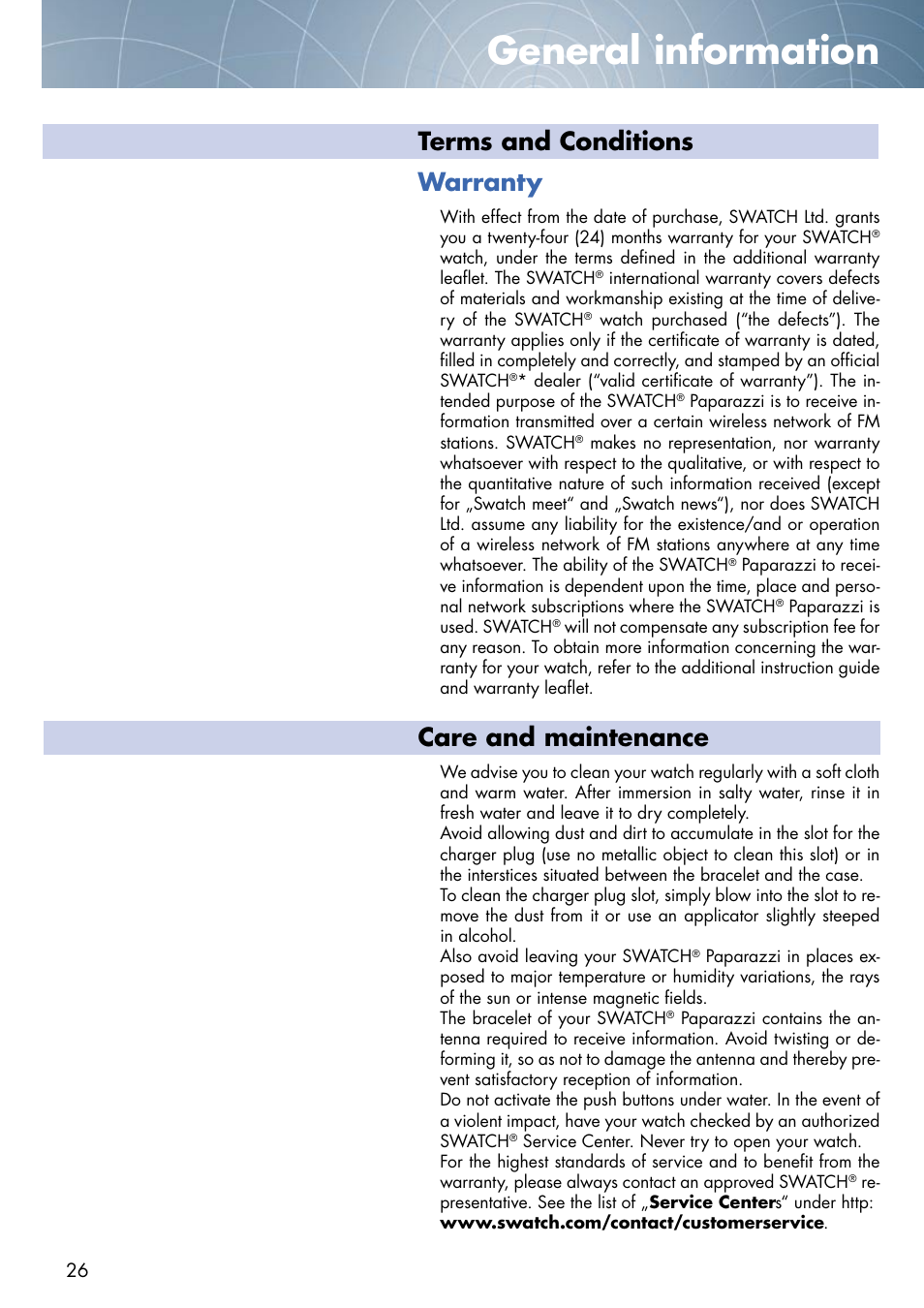 General information, Terms and conditions warranty, Care and maintenance | Swatch Paparazzi NONE User Manual | Page 26 / 27