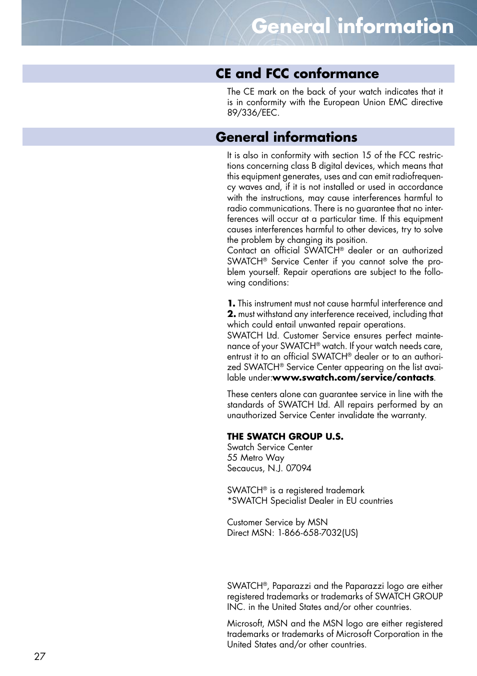 General information, Ce and fcc conformance, General informations | Swatch Paparazzi NONE User Manual | Page 27 / 27