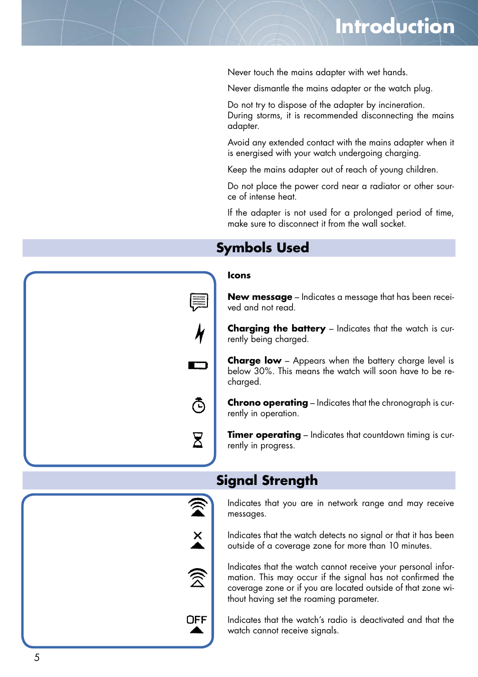 Introduction, Symbols used, Signal strength | Swatch Paparazzi NONE User Manual | Page 5 / 27