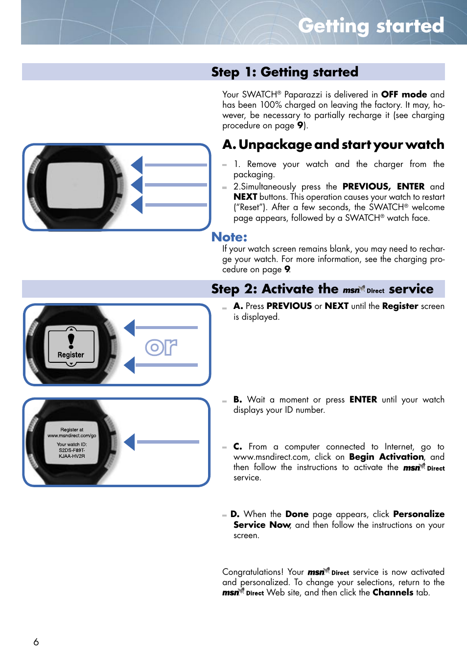 Getting started, Step 1: getting started, A. unpackage and start your watch | Step 2: activate the service | Swatch Paparazzi NONE User Manual | Page 6 / 27