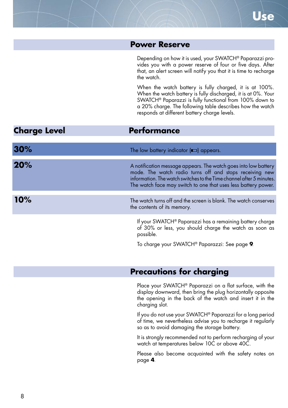 Power reserve, Precautions for charging, Charge level performance 30 | Swatch Paparazzi NONE User Manual | Page 8 / 27