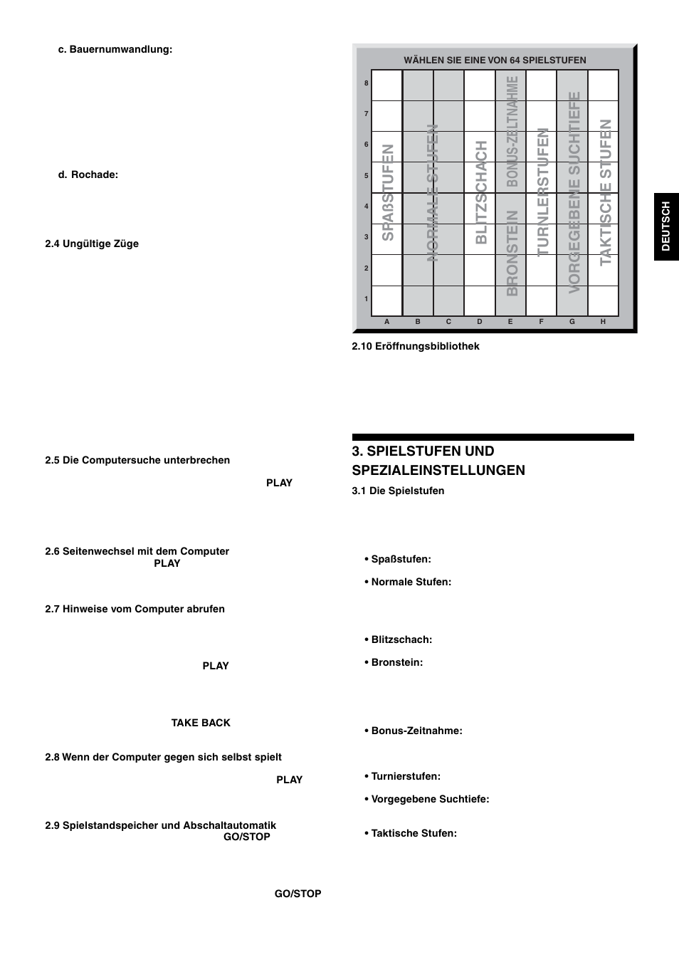 Spielstufen und spezialeinstellungen | Saitek Mephisto Talking Chess Trainer User Manual | Page 15 / 30