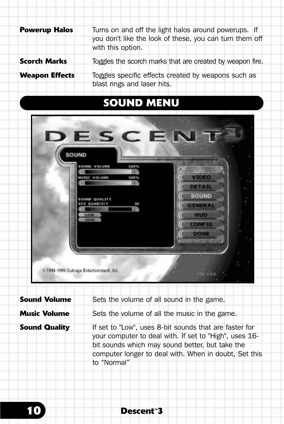 Sound menu, Descent | Saitek III User Manual | Page 11 / 66