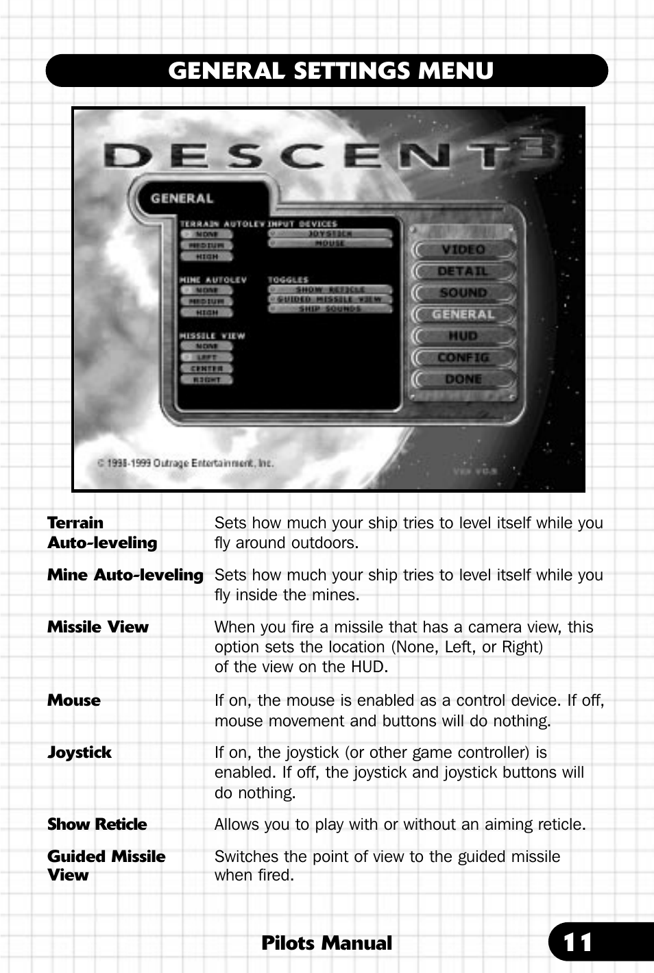 General settings menu, Pilots manual | Saitek III User Manual | Page 12 / 66