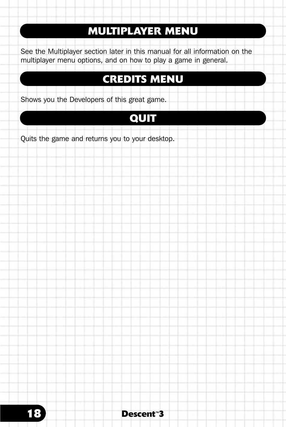 Multi player menu, Credits menu, Quit | Multiplayer menu | Saitek III User Manual | Page 19 / 66