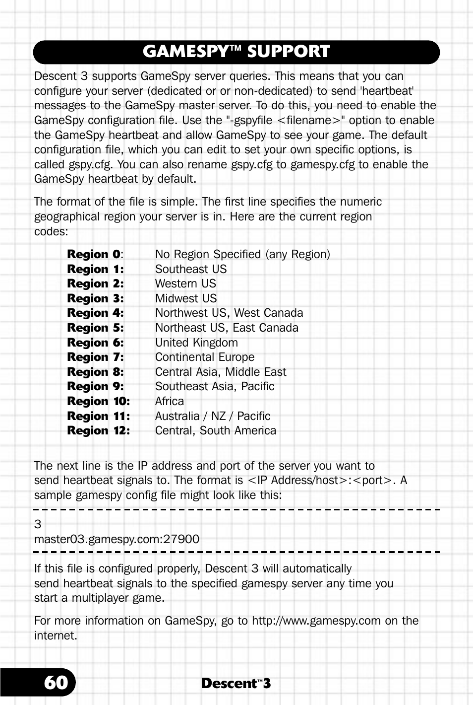 Gamespy support, Gamespy™ support, Descent | Saitek III User Manual | Page 61 / 66