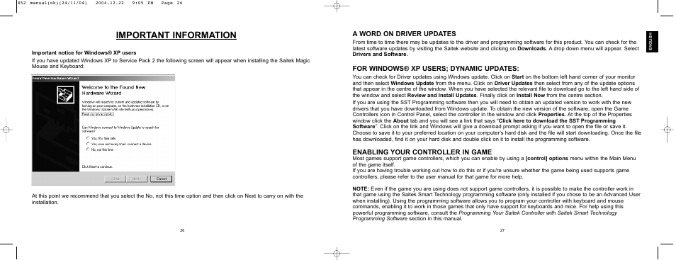 Important information, A word on driver updates, For windows¨ xp users; dynamic updates | Enabling your controller in game | Saitek X52 User Manual | Page 13 / 77