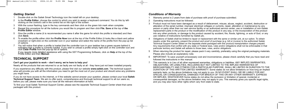 Technical support, Conditions of warranty, Getting started | Saitek X52 User Manual | Page 15 / 77