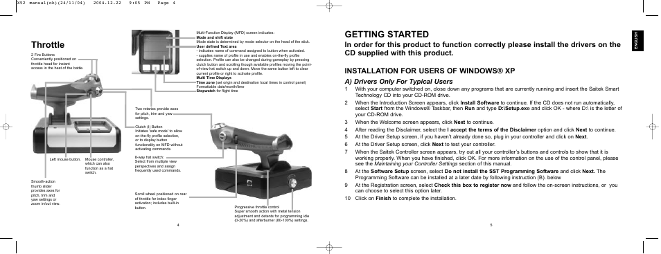 Getting started, Throttle, A) drivers only for typical users | Saitek X52 User Manual | Page 2 / 77