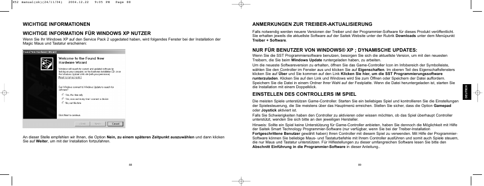 Anmerkungen zur treiber-aktualisierung, Einstellen des controllers im spiel | Saitek X52 User Manual | Page 44 / 77